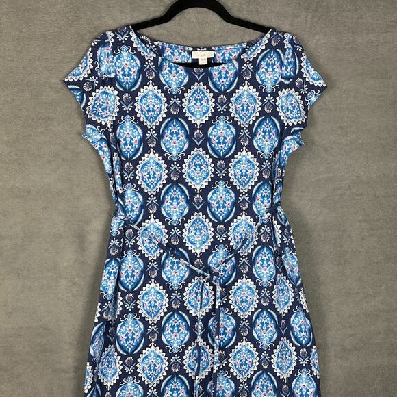 J Jill Dress Womens Small Petite Blue Floral Stretch Midi Resort Preppy Beach - Picture 2 of 15
